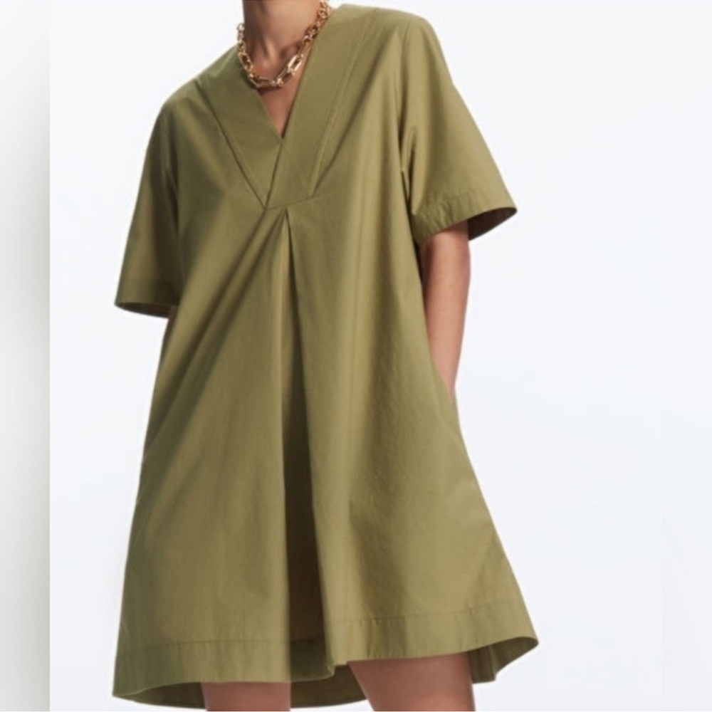 COS Olive A Line Swing Dress Short Sleeve 100% Cotton Front Pleat Size 4 Turkey